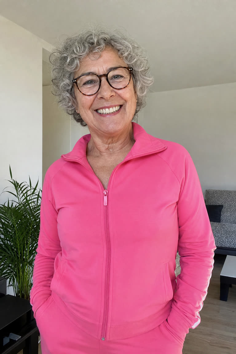 Input rider for Crazy Frog AI example 7: a smiling grandmother with curly grey hair, glasses and a pink tracksuit (AI-generated sample person)