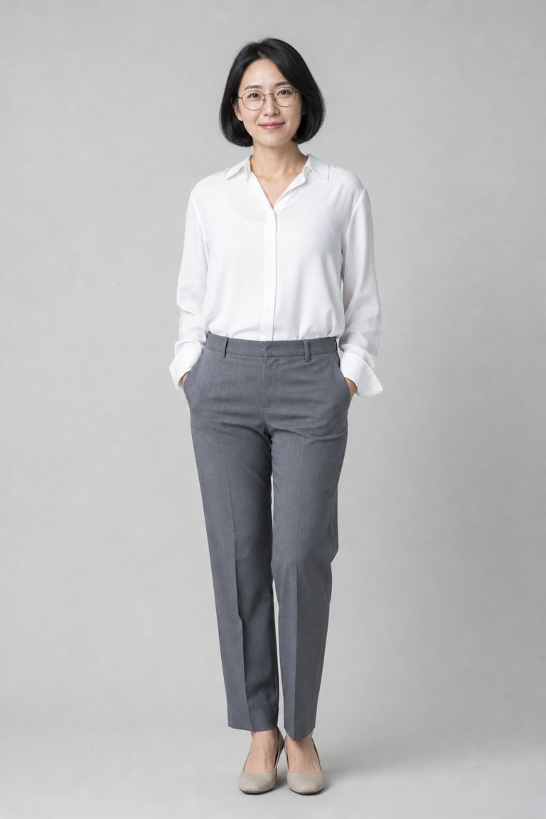 Input chaser for Crazy Frog AI example 5: a woman with a black bob and round glasses in a white blouse (AI-generated sample person)