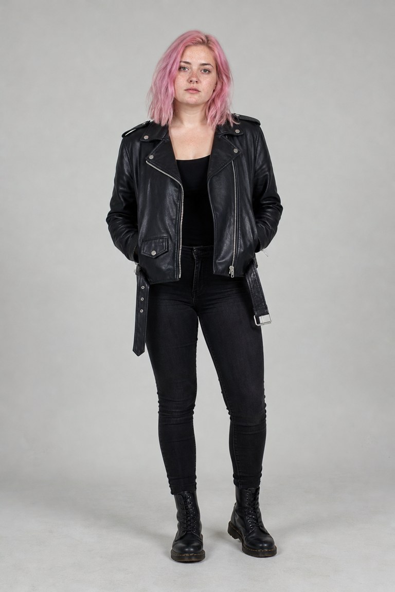Input rider for Crazy Frog AI example 6: a young woman with pastel pink hair and freckles in a black leather jacket (AI-generated sample person)