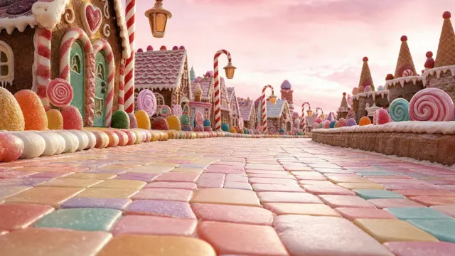 Candy village: Pastel candy tiles, gingerbread houses and candy-cane lamps