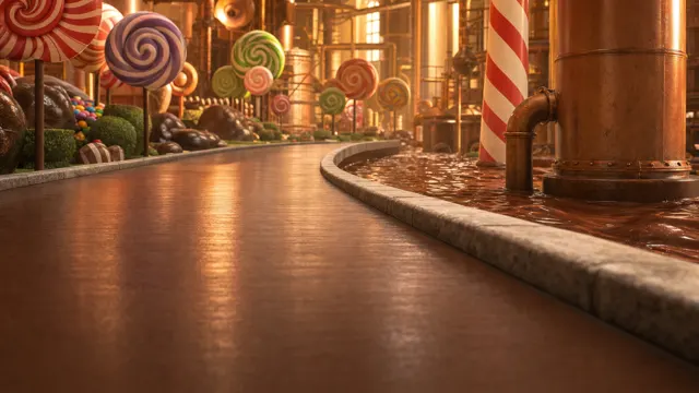 Chocolate factory: A glossy chocolate road by a melted-chocolate river and lollipop trees