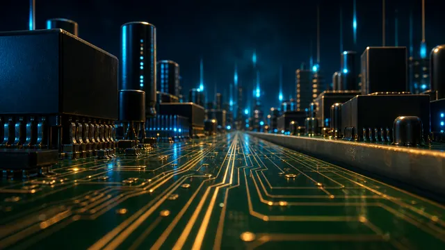 Inside a circuit board: Glowing copper traces with microchips towering like buildings