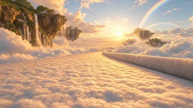 Cloud kingdom: A road of clouds at sunrise, floating islands and rainbows