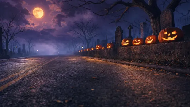 Halloween graveyard: A misty night road lined with glowing pumpkins under a full moon