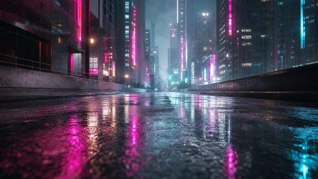 Neon city night: Wet streets, pink and cyan neon, rain mist