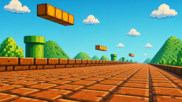 Pixel game world: A retro 8-bit brick road with floating blocks and green pipes