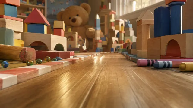 Giant toy room: Toy height on a wooden floor past giant blocks and a teddy bear