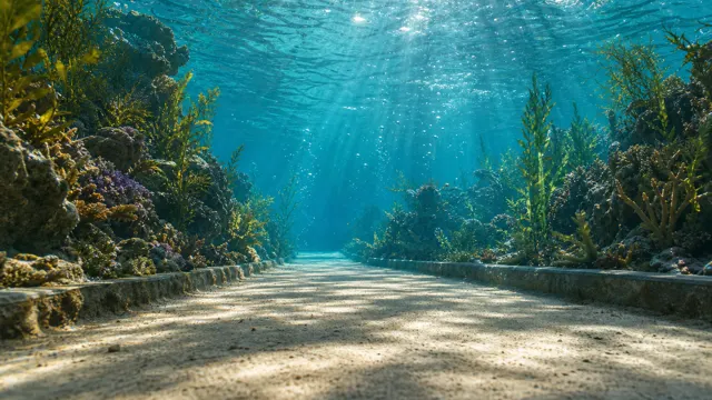 Under the sea: A sandy seabed path between coral reefs and sun rays
